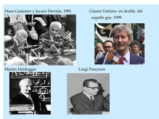Hans Gadamer y Jacues Derrida, 1981 Gianni Vattimo en desfile del
orgullo gay, 1999
Martin Heidegger Luigi Pareyson
 