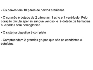 - Os peixes tem 10 pares de nervos cranianos. O coração é dotado de 2 câmaras: 1 átrio e 1 ventrículo. Pelo coração circula apenas sangue venoso  e  é dotado de hemácias nucleadas com hemoglobina.  O sistema digestivo é completo - Compreendem 2 grandes grupos que são os condrictes e osteíctes. 