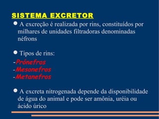 SISTEMA EXCRETOR
A excreção é realizada por rins, constituídos por
milhares de unidades filtradoras denominadas
néfrons
Tipos de rins:
-Prónefros
-Mesonefros
-Metanefros
A excreta nitrogenada depende da disponibilidade
de água do animal e pode ser amônia, uréia ou
ácido úrico
 