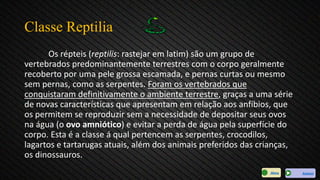 Classe Reptilia
Os répteis (reptilis: rastejar em latim) são um grupo de
vertebrados predominantemente terrestres com o corpo geralmente
recoberto por uma pele grossa escamada, e pernas curtas ou mesmo
sem pernas, como as serpentes. Foram os vertebrados que
conquistaram definitivamente o ambiente terrestre, graças a uma série
de novas características que apresentam em relação aos anfíbios, que
os permitem se reproduzir sem a necessidade de depositar seus ovos
na água (o ovo amniótico) e evitar a perda de água pela superfície do
corpo. Esta é a classe á qual pertencem as serpentes, crocodilos,
lagartos e tartarugas atuais, além dos animais preferidos das crianças,
os dinossauros.
AvançarMenu
 