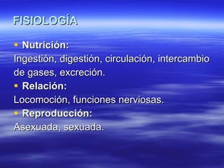 FISIOLOGÍA Nutrición: Ingestión, digestión, circulación, intercambio de gases, excreción. Relación: Locomoción, funciones nerviosas. Reproducción: Asexuada, sexuada. 