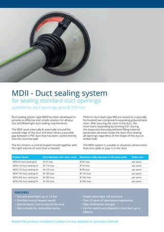 Watch the product installation video’s on our website or youtube channel.
Duct sealing system type MDII has been developed to
provide an effective and simple solution for all your
Gas and Watertight duct sealing requirements.
The MDII seals internally & externally around the
outside edge of the duct and even closes a possible
gap between a PVC duct that has been casted directly
into the concrete wall.
The kit contains a conical shaped mould together with
the right volume of resin that is needed.
Filoform duct seals type MD are based on a specially
formulated two-component expanding polyurethane
resin. After pouring the resin in the duct, the
resin starts expanding by forming CO². During
the expansion the polyurethane filling material
penetrates all areas inside the duct, thus sealing
all openings regardless of the shape of the duct or
drilled hole.
The MDII system is suitable in situations where more
than one cable or pipe is in the duct.
MDII - Duct sealing system
for sealing standard duct openings
available for duct openings up to Ø 250 mm
FEATURES
• Gas and watertight up to 1,0 bar • Closed watertight cell structure
•	 Divisible	conical	shaped	mould	 •	 Over	35	years	of	operational	experience
•	 Special	elastic	cord	to	secure	the	cone	 •	 High	mechanical	strength
• Also suitable for renovation works • Can be used in any shaped or sized duct up to
200mm
Product Name Duct diameter min.-max. (mm) Maximum cable diameter in the duct (mm) Order unit
MDII-50 duct sealing kit Ø 50 max. Ø 40 max. per piece
MDII-110 duct sealing kit Ø 110 max. Ø 70 max. per piece
MDII-125 duct sealing kit Ø 125 max. Ø 90 max. per piece
MDII-160 duct sealing kit Ø 160 max. Ø 130 max. per piece
MDII-200 duct sealing kit Ø 200 max. Ø 160 max. per piece
MDII-250 duct sealing kit Ø 250 max. Ø 200 max. per piece
 