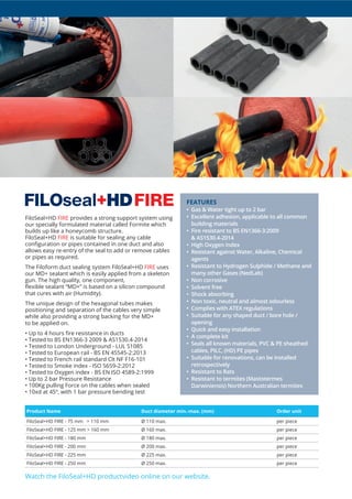 Watch the FiloSeal+HD productvideo online on our website.
FiloSeal+HD FIRE provides a strong support system using
our specially formulated material called Formite which
builds up like a honeycomb structure.
FiloSeal+HD FIRE is suitable for sealing any cable
allows easy re-entry of the seal to add or remove cables
or pipes as required.
The Filoform duct sealing system FiloSeal+HD FIRE uses
our MD+ sealant which is easily applied from a skeleton
gun. The high quality, one component,
that cures with air (Humidity).
The unique design of the hexagonal tubes makes
positioning and separation of the cables very simple
while also providing a strong backing for the MD+
to be applied on.
• Tested to BS EN1366-3 2009 & AS1530.4-2014
• Tested to London Underground - LUL S1085
• Tested to European rail - BS EN 45545-2:2013
• Tested to French rail standard CIt NF F16-101
• Up to 2 bar Pressure Resistance
• 100Kg pulling Force on the cables when sealed
• 10xd at 45º, with 1 bar pressure bending test
Product Name Duct diameter min.-max. (mm) Order unit
FiloSeal+HD FIRE - 75 mm > 110 mm Ø 110 max. per piece
FiloSeal+HD FIRE - 125 mm > 160 mm Ø 160 max. per piece
FiloSeal+HD FIRE - 180 mm Ø 180 max. per piece
FiloSeal+HD FIRE - 200 mm Ø 200 max. per piece
FiloSeal+HD FIRE - 225 mm Ø 225 max. per piece
FiloSeal+HD FIRE - 250 mm Ø 250 max. per piece
FEATURES
•
building materials
• Resistant against Water, Alkaline, Chemical
agents
• Non corrosive
• Complies with ATEX regulations
opening
• Quick and easy installation
• A complete kit
retrospectively
• Resistant to Rats
 