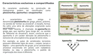 Os caracteres analisados na construção de
cladogramas podem ser classificados como
plesiomorfias, apomorfias e sinapomorfias
A característica mais antiga é
denominada plesiomorfia (do grego, plesios, próximo,
no sentido de “similar ao ancestral”, e morpho, forma).
Ela sofre uma série de alterações originando outra
característica.
Esta, mais recente, é chamada de apomorfia (do
grego, apo, que significa “para longe de”, no sentido
de “diferente do ancestral”). Assim, conclui-se que a
apomorfia é um caráter derivado da plesiomorfia e
exclusivo de uma espécie e/ou grupo de seres vivos.
Por exemplo, as patas de vertebrados terrestres
possuem diferentes tipos de ossos – carpais, tarsais e
dígitos – uma apomorfia do grupo. Já na característica
ancestral encontrada em peixes com nadadeiras
lobadas, ou seja, a plesiomorfia, o padrão de
organização dos ossos é diferente
 