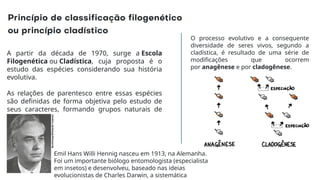 A partir da década de 1970, surge a Escola
Filogenética ou Cladística, cuja proposta é o
estudo das espécies considerando sua história
evolutiva.
As relações de parentesco entre essas espécies
são definidas de forma objetiva pelo estudo de
seus caracteres, formando grupos naturais de
seres vivos.
Emil Hans Willi Hennig nasceu em 1913, na Alemanha.
Foi um importante biólogo entomologista (especialista
em insetos) e desenvolveu, baseado nas ideias
evolucionistas de Charles Darwin, a sistemática
O processo evolutivo e a consequente
diversidade de seres vivos, segundo a
cladística, é resultado de uma série de
modificações que ocorrem
por anagênese e por cladogênese.
 