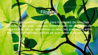 Filogenia
Termo comumente utilizado para hipóteses de relações
evolutivas (ou seja, relações filogenéticas) de um grupo de
organismos, isto é, determinar as relações ancestrais entre
espécies conhecidas (ambas as que vivem e as extintas).
 