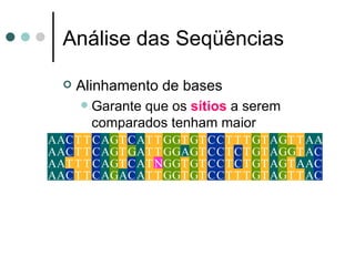 Análise das Seqüências

     Alinhamento de bases
       Garante que os sítios a serem
        comparados tenham maior
AAC T T probabilidade de seremThomólogosAA
        C AGT C AT T GGT GT C C T T GT AGT T
AAC T T C AGT GAT T GGAGT C C T C T GT AGGT AC
        G
AAT T T C AGT C AT NGGT GT C C T C T GT AGT AAC
AAC T T C AGAC AT T GGT GT C C T T T GT AGT T AC
 