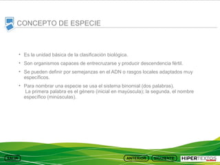 CONCEPTO DE ESPECIE

• Es la unidad básica de la clasificación biológica.
• Son organismos capaces de entrecruzarse y producir descendencia fértil.
• Se pueden definir por semejanzas en el ADN o rasgos locales adaptados muy
específicos.
• Para nombrar una especie se usa el sistema binomial (dos palabras).
La primera palabra es el género (inicial en mayúscula); la segunda, el nombre
específico (minúsculas).

 