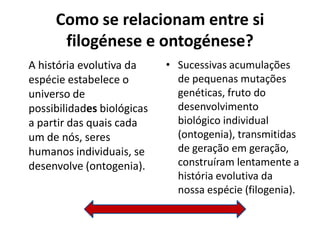 Como se relacionam entre si
      filogénese e ontogénese?
A história evolutiva da     • Sucessivas acumulações
espécie estabelece o          de pequenas mutações
universo de                   genéticas, fruto do
possibilidades biológicas     desenvolvimento
a partir das quais cada       biológico individual
um de nós, seres              (ontogenia), transmitidas
humanos individuais, se       de geração em geração,
desenvolve (ontogenia).       construíram lentamente a
                              história evolutiva da
                              nossa espécie (filogenia).
 