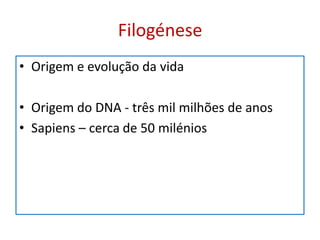 Filogénese
• Origem e evolução da vida

• Origem do DNA - três mil milhões de anos
• Sapiens – cerca de 50 milénios
 
