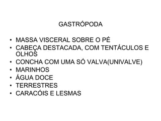 GASTRÓPODA
• MASSA VISCERAL SOBRE O PÉ
• CABEÇA DESTACADA, COM TENTÁCULOS E
OLHOS
• CONCHA COM UMA SÓ VALVA(UNIVALVE)
• MARINHOS
• ÁGUA DOCE
• TERRESTRES
• CARACÓIS E LESMAS
 