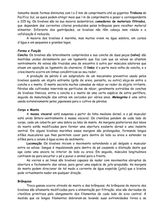 tamanho desde formas diminutas com l a 2 mm de comprimento até as gigantes Tridacna do
Pacífico Sul, as quais podem atingir mais que l m de comprimento e pesar o correspondente
a 225 kg. Os bivalves são na sua maioria sedentários, comedores de materiais filtrados,
que dependem das correntes ciliares produzidas pelas brânquias para recolher material
alimentar. Diferente dos gastrópodes, os bivalves não têm cabeça nem rádula e a
cefalização é reduzida.
       A maioria dos bivalves é marinha, mas muitos vivem na água salobre, em cursos
d'água e em pequenos e grandes lagos.

Forma e Função
Concha Os bivalves são lateralmente comprimidos e sua concha de duas peças (valva) são
mantidas unidas dorsalmente por um ligamento que faz com que as valvas se afastem
ventralmente As valvas são trazidas uma de encontro à outra por músculos adutores que
atuam em oposição ao ligamento da charneira. O limbo é a parte mais velha da concha, e o
crescimento ocorre em linhas concêntricas ao seu redor.
       A produção de pérola é um subproduto de um mecanismo preventivo usado pelos
bivalves quando um objeto estranho (grão de areia, parasita, ou outro) aloja-se entre a
concha e o manto. O manto secreta muitas camadas de nácar ao redor do objeto irritante.
Pérolas são cultivadas inserindo-se partículas de nácar, geralmente extraídas de conchas
de bivalves límnicos, entre a concha e o manto de uma certa espécie de ostra perlífera,
seguida da manutenção das ostras em cercados por vários anos. Meleagrina é uma ostra
usada extensivamente pelos japoneses para o cultivo de pérolas.

Corpo e Manto
      A massa visceral está suspensa a partir da linha mediana dorsal, e o pé muscular
está unido ântero-ventralmente à massa visceral. Os ctenídios pendem de cada lado do
corpo, cada um coberto por uma dobra ou lobo do manto. As margens posteriores dos lobos
do manto estão modificadas para formar uma abertura exalante dorsal e uma inalante
ventral. Em alguns bivalves marinhos essas margens são prolongadas, formando longos
sifões musculares que lhes permitem cavar para dentro do lodo ou areia e estender os
sifões para a coluna d água acima do sedimento.
      Locomoção Os bivalves iniciam o movimento estendendo o pé delgado e muscular
entre as valvas. Sangue é impulsionado para dentro do pé causando a dilatação deste que
age como uma ancora no interior do lodo ou areia. Em seguida, músculos longitudinais
contraem-se para encurtar o pé e puxar o animal para a frente.
      As vieiras e as limas são bivalves capazes de nadar com movimentos abruptos de
abertura e fechamento das valvas, para gerar uma espécie de jato-propulsão. As margens
do manto podem direcionar de tal modo a corrente de água expelida (jato) que o bivalve
pode virtualmente nadar em qualquer direção.

Brânquias
       Troca gasosa ocorre através do manto e das brânquias. As brânquias da maioria dos
bivalves são altamente modificadas para a alimentação por filtração; elas são derivadas de
ctenídios primitivos pelo alongamento dos filamentos de cada lado do eixo central. À
medida que os longos filamentos dobraram-se levando suas extremidades livres a se
 
