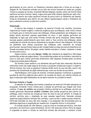 aproximarem do eixo central, os filamentos ctenidiais adquiriram a forma de um longo e
delgado W. Os filamentos situados uns ao lado dos outros tomaram-se unidos por junções
ciliares ou junções de tecidos, originando lâminas delgadas, lamelas, estas com muitos tubos
aquíferos verticais internos. Assim, a água entra pelo sifão inalante impelida por ação ciliar,
passa para dentro dos tubos aquíferos através de poros entre os filamentos nas lamelas,
dirige-se dorsalmente para dentro de uma câmara suprabranquial comum e finalmente sai
para o ambiente externo via abertura exalante.

Alimentação
       A maioria dos bivalves é comedora de material filtrado nos ctenídios. Correntes
respiratórias trazem oxigênio e materiais orgânicos para as brânquias, onde tratos ciliares
os dirigem para os diminutos poros das brânquias. Células glandulares nas brânquias e nos
palpos labiais secretam copiosas quantidades de muco, o qual engloba partículas em
suspensão na água que está sendo filtrada através dos poros branquiais. Essas massas
mucosas passam gradativamente para baixo sobre a face externa das brânquias, sendo
conduzidas em direcão aos sulcos alimentares na margem inferior das brânquias. Partículas
de sedimenlo mais densas precipitam das brânquias como resultado da atração
gravitacional, mas partículas menores são transportadas ao longo dos sulcos alimentares em
direção aos palpos labiais. Os palpos, sendo também sulcados e ciliados, conduzem a massa
de muco para a boca.
       Alguns bivalves, tais como Nucula e Yoldia, são comedores de depósitos e têm longas
probóscides unidas aos palpos labiais. Tais probóscides podem ser protraídas e inseridas na
areia ou lodo para coletar partículas alimentares, além daquelas atraídas pelas correntes
d'água provocadas pelas brânquias.
       Os teredos cavam madeira e se alimentam das partículas dela removidas. Bactérias
simbiontes vivem num órgão especial do bivalve e produzem celulase para digerir a madeira.
Outros bivalves tais como as gigantes tridacnas obtêm muito de sua nutrição a partir dos
produtos da fotossíntese de algas simbiontes que vivem nos tecidos do seu manto.
       Septibrânquios, outro grupo de bivalves, arrastam pequenos crustáceos ou pequenas
porções de detritos orgânicos para dentro da cavidade do manto, por súbitos influxos de
água criados pela ação bombeadora de um septo muscular na cavidade do manto.

Estrutura Interna e Função
       O assoalho do estômago dos bivalves comedores de materiais filtrados apresenta-se
pregueado, formando tratos ciliares para a seleção de partículas que chegam num fluxo
contínuo. O saco do estilete uma projeção cilíndrica abrindo-se no estômago, secreta um
bastão gelatinoso denominado estilete cristalino. Este bastão projeta-se para dentro do
estômago, onde é mantido em rotação por meio de cílios no saco do estilete. A rotação do
estilete contribui para a dissolução de suas camadas superficiais, liberando enzimas
digestivas (especialmente amilase) nele contidas, e para enrolar a massa mucosa alimentar.
Partículas liberadas do muco são sele-cionadas. e as adequadas são direcionadas para as
glândulas digestivas ou engolfadas por amebócitos. A digestão ulterior é intracelular.
       O coração dotado de três câmaras, o qual se situa na cavidade pericárdica, tem duas
aurículas e um ventrículo e pulsa lentamente, de 0.2 a 30 vezes por minuto. Parte do sangue
é oxigenado no manto e retoma ao ventrículo através das aurículas; o restante circula
 