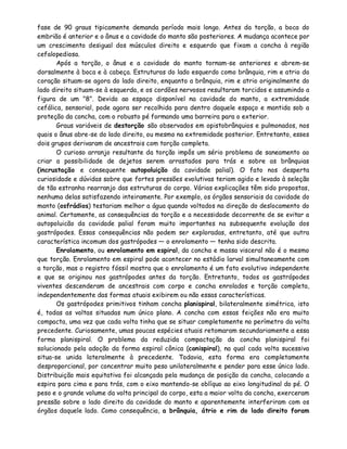 fase de 90 graus tipicamente demanda período mais longo. Antes da torção, a boca do
embrião é anterior e o ânus e a cavidade do manto são posteriores. A mudança acontece por
um crescimento desigual dos músculos direito e esquerdo que fixam a concha à região
cefalopediosa.
       Após a torção, o ânus e a cavidade do manto tornam-se anteriores e abrem-se
dorsalmente à boca e à cabeça. Estruturas do lado esquerdo como brânquia, rim e atrio do
coração situam-se agora do lado direito, enquanto a brânquia, rim e atrio originalmente do
lado direito situam-se à esquerda, e os cordões nervosos resultaram torcidos e assumindo a
figura de um "8". Devido ao espaço disponível na cavidade do manto, a extremidade
cefálica, sensorial, pode agora ser recolhida para dentro daquele espaço e mantida sob a
proteção da concha, com o robusto pé formando uma barreira para o exterior.
       Graus variáveis de destorção são observados em opistobrânquios e pulmonados, nos
quais o ânus abre-se do lado direito, ou mesmo na extremidade posterior. Entretanto, esses
dois grupos derivaram de ancestrais com torção completa.
       O curioso arranjo resultante da torção impôs um sério problema de saneamento ao
criar a possibilidade de dejetos serem arrastados para trás e sobre as brânquias
(incrustação e consequente autopoluição da cavidade palial). O fato nos desperta
curiosidade e dúvidas sobre que fortes pressões evolutivas teriam agido e levado à seleção
de tão estranho rearranjo das estruturas do corpo. Várias explicações têm sido propostas,
nenhuma delas satisfazendo inteiramente. Por exemplo, os órgãos sensoriais da cavidade do
manto (osfrádios) testariam melhor a água quando voltados na direção do deslocamento do
animal. Certamente, as consequências da torção e a necessidade decorrente de se evitar a
autopoluicão da cavidade palial foram muito importantes na subsequente evolução dos
gastrópodes. Essas consequências não podem ser exploradas, entretanto, até que outra
característica incomum dos gastrópodes — o enrolamento — tenha sido descrita.
       Enrolamento, ou enrolamento em espiral, da concha e massa visceral não é o mesmo
que torção. Enrolamento em espiral pode acontecer no estádio larval simultaneamente com
a torção, mas o registro fóssil mostra que o enrolamento é um fato evolutivo independente
e que se originou nos gastrópodes antes da torção. Entretanto, todos os gastrópodes
viventes descenderam de ancestrais com corpo e concha enrolados e torção completa,
independentemente das formas atuais exibirem ou não essas características.
       Os gastrópodes primitivos tinham concha planispiral, bilateralmente simétrica, isto
é, todas as voltas situadas num único plano. A concha com essas feições não era muito
compacta, uma vez que cada volta tinha que se situar completamente no perímetro da volta
precedente. Curiosamente, umas poucas espécies atuais retomaram secundariamente a essa
forma planispiral. O problema da reduzida compactação da concha planispiral foi
solucionado pela adoção da forma espiral cônica (conispiral), na qual cada volta sucessiva
situa-se unida lateralmente à precedente. Todavia, esta forma era completamente
desproporcional, por concentrar muito peso unilateralmente e pender para esse único lado.
Distribuição mais equitativa foi alcançada pela mudança de posição da concha, colocando a
espira para cima e para trás, com o eixo mantendo-se oblíquo ao eixo longitudinal do pé. O
peso e o grande volume da volta principal do corpo, esta a maior volta da concha, exerceram
pressão sobre o lado direito da cavidade do manto e aparentemente interferiram com os
órgãos daquele lado. Como consequência, a brânquia, átrio e rim do lado direito foram
 