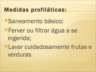Medidas profiláticas:
Saneamento     básico;
Ferver ou filtrar água a se
 ingerida;
Lavar cuidadosamente frutas e
 verduras.
 