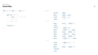 int gcd(int a, int b)
{
while (b) {
int r = a % b;
a = b;
b = r;
}
return a;
}
gcd:
push ebp
mov ebp, esp
sub esp, 16
jmp .L2
.L3:
mov eax, [ebp+8]
cdq
idiv [ebp+12]
mov [ebp-4], edx
mov eax, [ebp+12]
mov [ebp+8], eax
mov eax, [ebp-4]
mov [ebp+12], eax
.L2:
cmp [ebp+12], 0
jne .L3
mov eax, [ebp+8]
leave
ret
 