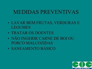 MEDIDAS PREVENTIVAS LAVAR BEM FRUTAS, VERDURAS E LEGUMES TRATAR OS DOENTES NÃO INGERIR CARNE DE BOI OU PORCO MALCOZIDAS SANEAMENTO BÁSICO 