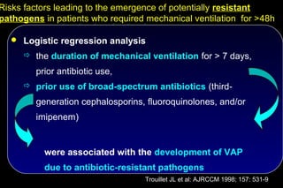 Risks factors leading to the emergence of potentially resistant
pathogens in patients who required mechanical ventilation for >48h

   Logistic regression analysis
      the duration of mechanical ventilation for > 7 days,

        prior antibiotic use,
      prior use of broad-spectrum antibiotics (third-

        generation cephalosporins, fluoroquinolones, and/or
        imipenem)


          were associated with the development of VAP
          due to antibiotic-resistant pathogens
                                   Trouillet JL et al: AJRCCM 1998; 157: 531-9
 