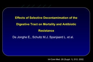 Effects of Selective Decontamimation of the

  Digestive Tract on Mortality and Antibiotic

                   Resistance

De Jonghe E., Schultz M.J. Spanjaard L. et al.




                          Int Care Med. 28 (Suppl. 1), S12. 2002.
 