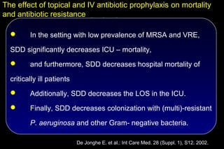 The effect of topical and IV antibiotic prophylaxis on mortality
and antibiotic resistance

        In the setting with low prevalence of MRSA and VRE,

  SDD significantly decreases ICU – mortality,
        and furthermore, SDD decreases hospital mortality of

  critically ill patients
        Additionally, SDD decreases the LOS in the ICU.
        Finally, SDD decreases colonization with (multi)-resistant

         P. aeruginosa and other Gram- negative bacteria.

                            De Jonghe E. et al.: Int Care Med. 28 (Suppl. 1), S12. 2002.
 