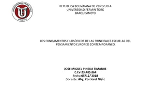 REPUBLICA BOLIVAIANA DE VENEZUELA
UNIVERSIDAD FERMIN TORO
BARQUISIMETO
LOS FUNDAMENTOS FILOSÓFICOS DE LAS PRINCIPALES ESCUELAS DEL
PENSAMIENTO EUROPEO CONTEMPORÁNEO
JOSE MIGUEL PINEDA TIMAURE
C.I.V-23.485.864
Fecha:05/12/ 2018
Docente: Abg. Zorcioret Nieto
 