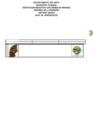 DEPARTAMENTO DEL META
MUNICIPIO CUMARAL
INSTITUCION EDUCATIVA SAN ISIDRO DE VERACRUZ
HISTORIA DE LA FILOSOFÍA
SEPTIMO GRADO
GUIA DE APRENDIZAJE
104
 