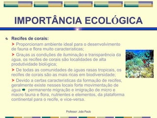Professor: João Paulo
IMPORTÂNCIA ECOLÓGICA
Recifes de corais:
 Proporcionam ambiente ideal para o desenvolvimento
de fauna e flora muito características;
 Graças às condições de iluminação e transparência da
água, os recifes de corais são localidades de alta
produtividade biológica;
 De todas as comunidades de águas rasas tropicais, os
recifes de corais são as mais ricas em biodiversidade;
 Devido a certas características da formação de recifes,
geralmente existe nesses locais forte movimentação de
água  permanente migração e imigração de micro e
macro fauna e flora, nutrientes e elementos, da plataforma
continental para o recife, e vice-versa.
 