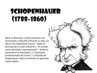 SCHOPENHAUER
     (1788-1860)

Nace en Alemania, recién comenzó a ser
reconocida su filosofía al final de su vida, sus
obras más importantes fueron: "Sobre el
principio de la razón suficiente", "El mundo
como voluntad y representación", "Sobre la
voluntad en la naturaleza" y "Cuestiones
fundamentales de la ética". La filosofía de
Shopenhauer radica en eliminar la oposición
sujeto-objeto.
 