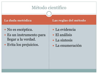 La duda metódica Las reglas del método
 No es escéptica.
 Es un instrumento para
llegar a la verdad.
 Evita los prejuicios.
 La evidencia
 El análisis
 La síntesis
 La enumeración
Método científico
 