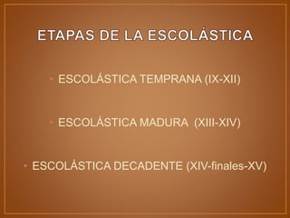 • ESCOLÁSTICA TEMPRANA (IX-XII)
• ESCOLÁSTICA MADURA (XIII-XIV)
• ESCOLÁSTICA DECADENTE (XIV-finales-XV)
 