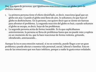 Hay dos tipos de personas, que igualmente reaccionan como un globo, pero de
distinta manera:

1. La primera persona tiene el efecto desinflado, es decir, reacciona igual que un
   globo sin atar. Cuando el globo está lleno de aire, lo soltamos y lo que hace el
   globo es deshincharse. En la persona, eso quiere decir que se siente sin fuerzas
   para afrontar el problema. La segunda reacción del globo es huir, cuando soltamos
   el globo se escapa, es decir, huye de los problemas.
2. La segunda persona actúa de forma inestable. Es lo que explicábamos
   anteriormente, la persona se llena de problemas hasta que no puede más y explota
   en un momento de ira, que la hace reaccionar de forma violenta, gritando,
   ofendiendo, amenazando…

Aunque la ira es una emoción natural, si no se controla, puede llegar a ser un gran
problema y puede afectar a nuestra vida personal, social, laboral o familiar. Esta es
una de las emociones que nos hace infelices, porque a nadie le gusta estar enfadado.
 
