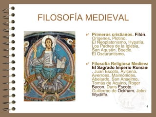 FILOSOFÍA MEDIEVAL <ul><li>Primeros cristianos.  Filón .  Orígenes .  Plotino .  El Neoplatonismo .  Hypatía .  Los Padres...
