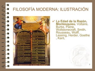 FILOSOFÍA MODERNA: ILUSTRACIÓN <ul><li>La Edad de la Razón .  Montesquieu .  Voltaire .  Burke .  Paine .  Wollstonecraft ...