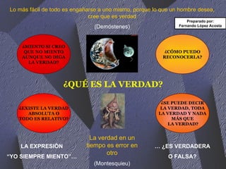 Lo más fácil de todo es engañarse a uno mismo, porque lo que un hombre desea, cree que es verdad (Demóstenes) La verdad en un tiempo es error en otro (Montesquieu) LA EXPRESIÓN “ YO SIEMPRE MIENTO”… …  ¿ES VERDADERA O FALSA? Preparado por: Fernando López Acosta ¿MIENTO SI CREO QUE NO MIENTO AUNQUE NO DIGA LA VERDAD? ¿EXISTE LA VERDAD ABSOLUTA O TODO ES RELATIVO? ¿SE PUEDE DECIR LA VERDAD, TODA LA VERDAD Y NADA MÁS QUE LA VERDAD? ¿CÓMO PUEDO RECONOCERLA? ¿QUÉ ES LA VERDAD? 