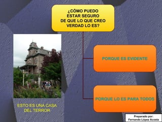 ESTO ES UNA CASA DEL TERROR Preparado por: Fernando López Acosta ¿CÓMO PUEDO ESTAR SEGURO DE QUE LO QUE CREO VERDAD LO ES? PORQUE ES EVIDENTE PORQUE LO ES PARA TODOS 