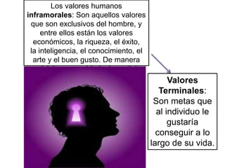 Los valores humanos 
inframorales: Son aquellos valores 
que son exclusivos del hombre, y 
entre ellos están los valores 
económicos, la riqueza, el éxito, 
la inteligencia, el conocimiento, el 
arte y el buen gusto. De manera 
social: la prosperidad, el prestigio, 
la autoridad, etc. Valores 
Terminales: 
Son metas que 
al individuo le 
gustaría 
conseguir a lo 
largo de su vida. 
 