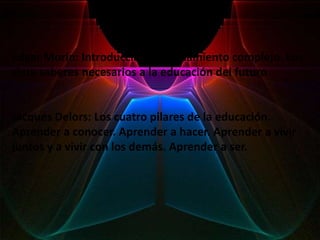 Edgar Morín: Introducción al pensamiento complejo. Los
siete saberes necesarios a la educación del futuro


Jacques Delors: Los cuatro pilares de la educación.
Aprender a conocer. Aprender a hacer. Aprender a vivir
juntos y a vivir con los demás. Aprender a ser.
 