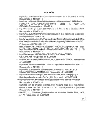 E-GRAFÍAS
 http://www.slideshare.net/edwinbenavente/filosofia-de-la-educacin-7876766
Recuperado el 15/06/2014
1. http://marthahistoriayfilosofiadelaeducacion.wikispaces.com/HISTORIA+Y+
FILOSOFIA+DE+LA+EDUCACI%C3%93N. Josep M. QUINTANA
CABANAS Recuperado el 15/06/2014
2. http://filo-edu.blogspot.com/2007/12/que-es-la-filosofa-de-la-educacion.html
Recuperado el 15/06/2014
3. http://www.aula20.com/forum/topics/introducci-n-a-al-filosof-a-de-la-educaci-
n Recuperado el 15/06/2014
4. http://www.google.com.gt/url?sa=t&rct=j&q=&esrc=s&source=web&cd=9&ve
d=0CEsQFjAI&url=http%3A%2F%2Fwww.icergua.org%2Flatam%2Fpdf%2
F10-primsem%2F03-05-06-fs7-
fs8%2Fdoc14.pdf&ei=6gaeU_7uJbLksATe6YCwDw&usg=AFQjCNF5T0hrgi
twy4Tkz4cOIo0OOZ4reg&sig2=OCoAKgaQrRwjDWbpSRHwlw 12 y 13
Recuperado el 15/06/2014
5. http://filokoopy.es.tl/RELACION-DE-SOCIOLOGIA-Y-OTRAS-
CIENCIAS.htm Recuperado el 15/06/2014
6. http://es.wikipedia.org/wiki/Ciencias_de_la_educaci%C3%B3n Recuperado
el 15/06/2014
7. http://www.slideshare.net/GAETE/antropologa-filosfica-educativa-3406131
Recuperado el 15/06/2014
8. http://www.buenastareas.com/ensayos/La-Filosof%C3%ADa-De-La-
Educaci%C3%B3n-y/2894398.html Recuperado el 15/06/2014
9. http://initiumsapiensix.bligoo.com.mx/la-relacion-de-la-pedagogia-y-la-
filosofia-en-la-educacion#.U54z7rcgLIU Recuperado el 15/06/2014
10.http://odiseo.com.mx/correos-lector/pedagogia-como-ciencia-educacion
Recuperado el 15/06/2014
11.Múltiples son los enigmas terribles, Pero ninguno llega a ser más terrible
que el hombre Sófocles. Antífona, 332, 333 http://arje.usac.edu.gt/?p=148
Recuperado el 15/06/2014
12.PIAGET, J . , Epistemología de las ciencias humanas, Buenos Aires, 1972,
p. 172. Recuperado el 15/06/2014
14
 