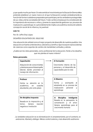y que queda mucho por hacer. En este sentido el movimiento por la Educación Democrática 
pretende establecer un nuevo marco en el que la Educación cumpla verdaderamente su 
función de formar ciudadanos preparados para participar y ser los verdaderos protagonistas 
de sus vidas y de las sociedades del futuro. Y este cambio empieza por la consideración de 
la importancia de reconocer a niños y jóvenes la capacidad de gestionar sus procesos de 
maduración y aprendizaje, lo cual evidentemente implica una auténtica revolución sobre la 
concepción social de la infancia y la juventud. 
Link 12: 
Por: Dr. Joffre Díaz López 
DESAFÍOS EDUCATIVOS DEL SIGLO XXI 
Una educación de calidad como el mejor proyecto de desarrollo de nuestros pueblos. Una 
educación con fuerte contenido ético, valorativo y científico. Que incorpore nuevos sistemas 
de creencias como soportes de cambio de mentalidad, actitudes y valores. 
¿Cuáles son los retos personales, como profesional de la educación, frente a los desafíos 
que nos plantea el nuevo milenio? 
Retos personales 
. 
Capacitación 
Adquisición de conocimientos 
y destrezas para el desempeño 
laboral, dando prioridad al 
manejo de información. 
A Formación 
Crecimiento interno de las 
personas y al desarrollo de 
capacidades para la vida 
Profesor 
Centra su atención en lo 
académico, en cosecha 
abundante y de corto plazo 
A Maestro 
Forma y acompaña al 
estudiante en su proceso de 
maduración personal y 
aprendizaje 
De disciplina impuesta 
Basada en la imposición y el 
temor, Genera reacción 
negativa e involución 
A Disciplina inteligente 
Basada en la persuasión, la 
concertación y el amor. 
Genera aprendizaje para el 
crecimiento humano 
. La verdadera educación no es domesticación ni amaestramiento; por el contrario, es 
autonomía, libertad y diálogo. Menos control externo y más desarrollo autónomo. 
 