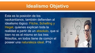 Idealismo Objetivo
Esta es la posición de los
neokantianos, también defienden al
idealismo lógico: Fitche, Schelling y
Hegel, quienes explican toda la
realidad a partir de un absoluto, que si
bien no es el mismo en los tres
filósofos, en todos tiene de común el
poseer una naturaleza ideal. P16
 