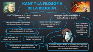 KANT Y LA FILOSOFÍA
DE LA RELIGIÓN.
Kant comprende al hombre como un ser
racional finito.
Kant opta explícitamente por el
teísmo frente al deísmo.
La finitud fundamental del hombre
articula en su facultad de conocer.
En su tesis afirma que nuestro
conocimiento deriva de dos fuentes:
En la sensibilidad los
objetos nos son dado.
Donde una de las dos instancias falta, un
conocimiento objetivo es imposible.
El mal en la Religión dentro de los límites, solo es posible
su remedio apoyándose en un don de dios (Gracia) y en
una comunidad ética (Iglesia).
En las otras críticas establece
en definitiva que dios es un
noúmeno.
En la crítica de la
razón pura, afirma
la imposibilidad
de la
demostración de
la existencia de
dios.
En el entendimiento los
objetos son pensados.
 
