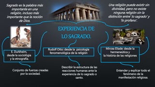 EXPERIENCIA DE
LO SAGRADO.
Una religión puede existir sin
divinidad, pero no existe
ninguna religión sin la
distinción entre’ lo sagrado’ y
’lo profano’.
E. Durkheim,
desde la sociológia
y la etnografía.
Conjunto de fuerzas creadas
por la sociedad.
Rudolf Otto: desde la psicología
fenomenológica de la religión
Describir la estructura de las
reacciones humanas ante la
experiencia de lo sagrado o
santo.
Mircea Eliade: desde la
hermeneútica y
la história de las religiones
Entender y explicar todo el
fenómeno de la
manifestación religiosa.
Sagrado es la palabra más
importante en una
religión, incluso más
importante que la noción
de Dios.
 