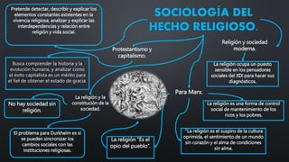 SOCIOLOGÍA DEL
HECHO RELIGIOSO.
Pretende detectar, describir y explicar los
elementos constantes existentes en la
vivencia religiosa, analizar y explicar las
interdependencias y relación entre
religión y vida social.
La religión ocupa un puesto
sensible en los pensadores
sociales del XIX para hacer sus
diagnósticos.
El problema para Durkheim es si
se pueden sincronizar los
cambios sociales con las
instituciones religiosas.
Busca comprender la historia y la
evolución humana, y analizar como
el éxito capitalista es un mérito para
el fiel de obtener el estado de gracia.
La religión es una forma de control
social de mantenimiento de los
ricos y los pobres.
Protestantismo y
capitalismo.
La religión y la
constitución de la
sociedad.
Para Marx.
Religión y sociedad
moderna.
No hay sociedad sin
religión.
"La religión es el suspiro de la cultura
oprimida, el sentimiento de un mundo
sin corazón y el alma de condiciones
sin alma.
La religión “Es el
opio del pueblo”.
 