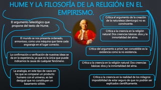 HUME Y LA FILOSOFÍA DE LA RELIGIÓN EN EL
EMPIRISMO.
El argumento teleológico que
propone del texto de Hume.
Crítica a la creencia en la religión
natural: Dos creencias básicas: dios y la
inmortalidad del alma.
La analogía, en este tipo de casos en
los que se comparan un producto
humano con el universo, es tan
desigual que no constituyen un
basamento sólido.
Crítica del argumento a priori, tan concebible es la
existencia como la no existencia.
Crítica el argumento de la creación
de la naturaleza (demiurgo) no es
convincente.
Crítica a la creencia en la religión natural: Dos creencias
básicas: dios y la inmortalidad del alma.
Crítica a la creencia en la realidad de los milagros:
imposibilidad de estar seguro de que no podrán ser
explicados científicamente.
La confirmación o verificación de nuestras ideas se
da en la experiencia, ya que es la única que puede
indicarnos la causa de cualquier fenómeno.
El mundo se nos presenta ordenado,
armonioso, como una máquina que tiene cada
engranaje en el lugar correcto.
 
