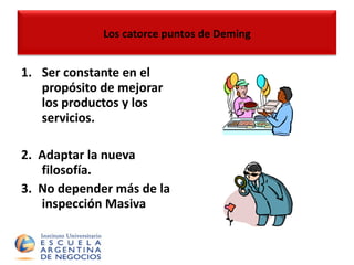Ser constante en el propósito de mejorar los productos y los servicios. 2.  Adaptar la nueva filosofía. 3.  No depender más de la inspección Masiva   Los catorce puntos de Deming 
