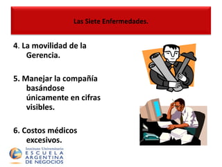 4 .  La movilidad de la Gerencia. 5.  Manejar la compañía basándose únicamente en cifras visibles. 6.  Costos médicos excesivos. Las Siete Enfermedades. 