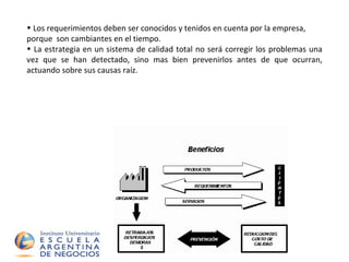 Los requerimientos deben ser conocidos y tenidos en cuenta por la empresa, porque  son cambiantes en el tiempo. La estrategia en un sistema de calidad total no será corregir los problemas una vez que se han detectado, sino mas bien prevenirlos antes de que ocurran, actuando sobre sus causas raíz. 
