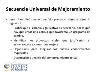 Secuencia Universal de Mejoramiento Juran identificó que un cambio planeado siempre sigue lo siguiente:  Probar que el cambio significativo es necesario, por lo que hay que crear una actitud que favorezca un programa de cambio. Identificar los proyectos vitales que justificarían el esfuerzo para alcanzar una mejora. Organizarse para asegurar los nuevos conocimientos requeridos Diagnóstico o análisis del comportamiento actual 