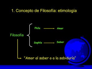 1. Concepto de Filosofía: etimología
Filosofía
Philo
Sophía
Amor
Saber
”Amor al saber o a la sabiduría“
 
