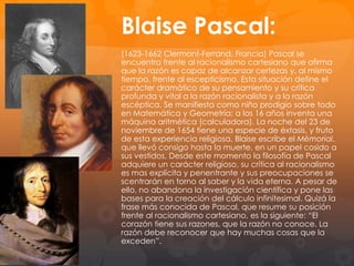 Su obra
Considerado generalmente como el Padre de la Filosofia
Moderna, Descartes fue un gran matemático y un notable
físico.
Se le reconoce como uno de los fundadores de la
Geometría Analítica, elaborada a través de la convergencia
entre álgebra y geometría.
Introdujo el esquema de las coordenadas cartesianas para
limitar un plano a partir de las variables tiempo-espacio.

 